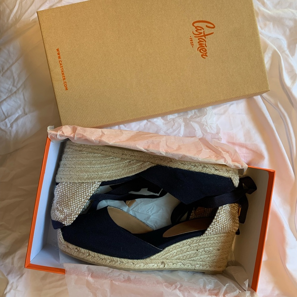 Castaner Carina Canvas Wedge Espadrilles, Size 41 EU, Navy Blue, New with Box